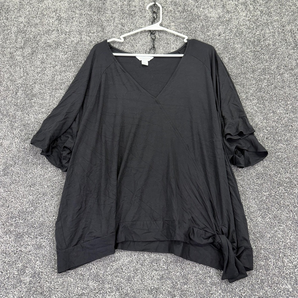 Liz Claiborne Blouse Womens 3X Black Dolman Short Sleeve V Neck Tunic Casual